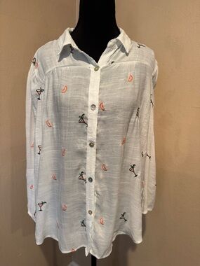 Whimsical Beachy Blouse with Embroidered Tropical Drinks